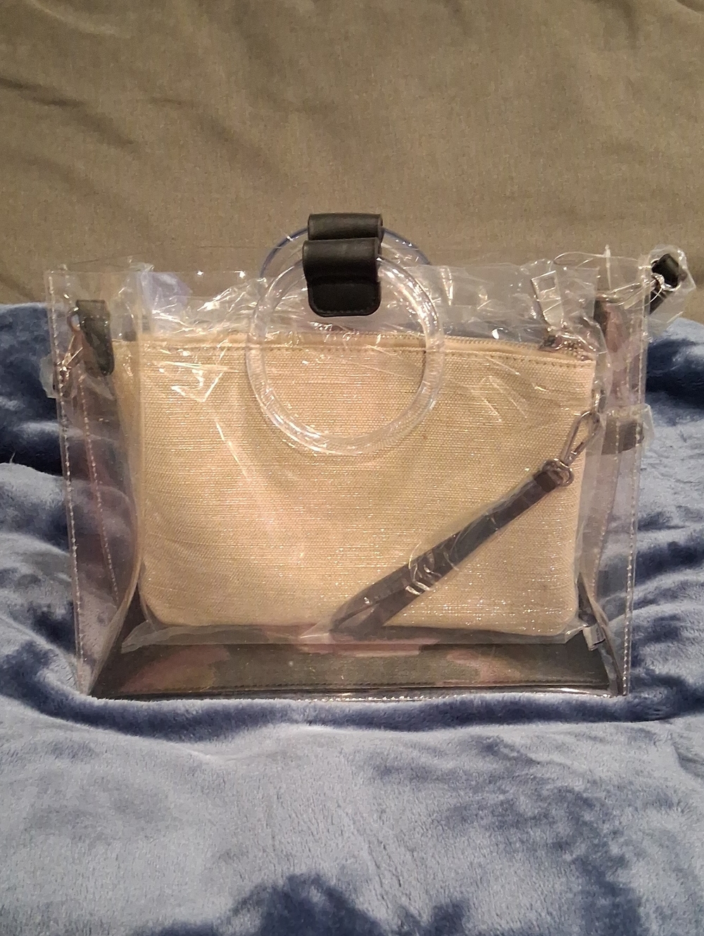 Steve Madden Clear Tote with Beige Inner Pouch and Black Trim